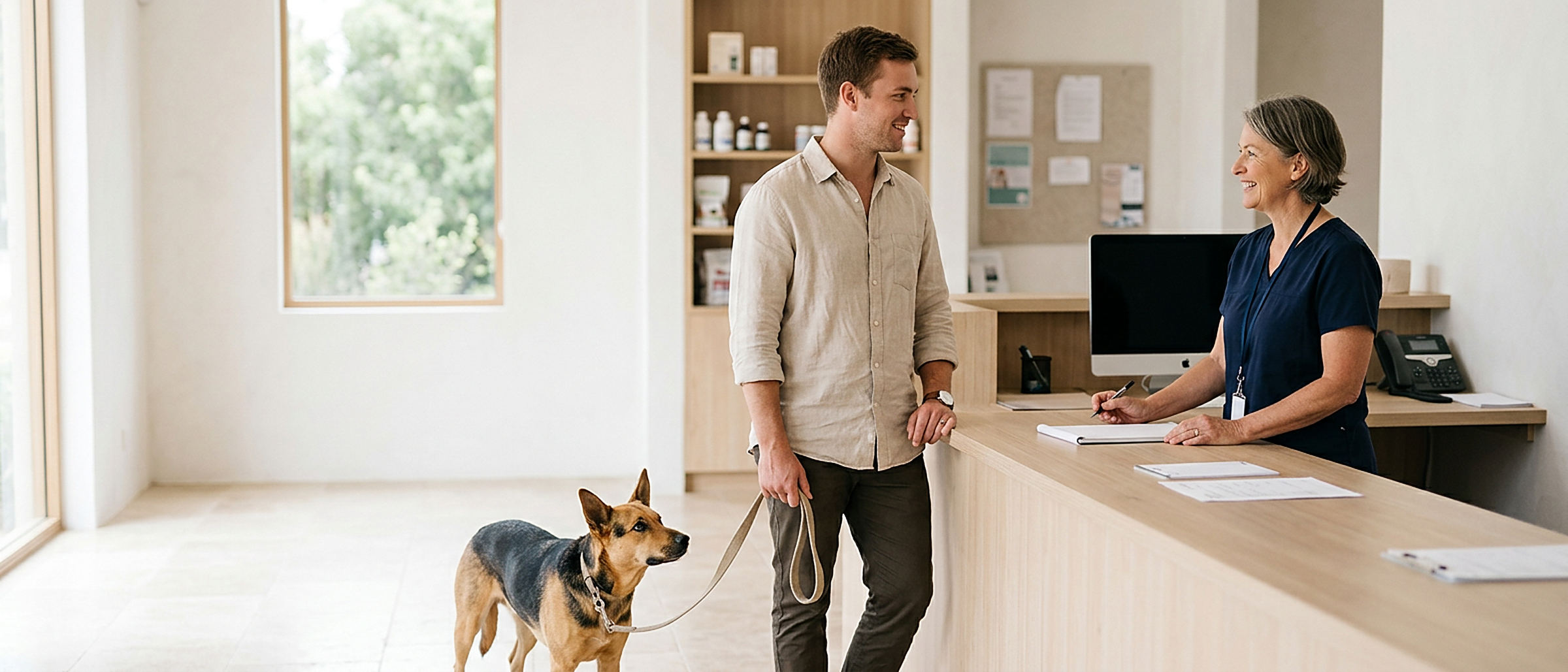 A dog and its owner arriving at the reception desk of a new veterinary clinic