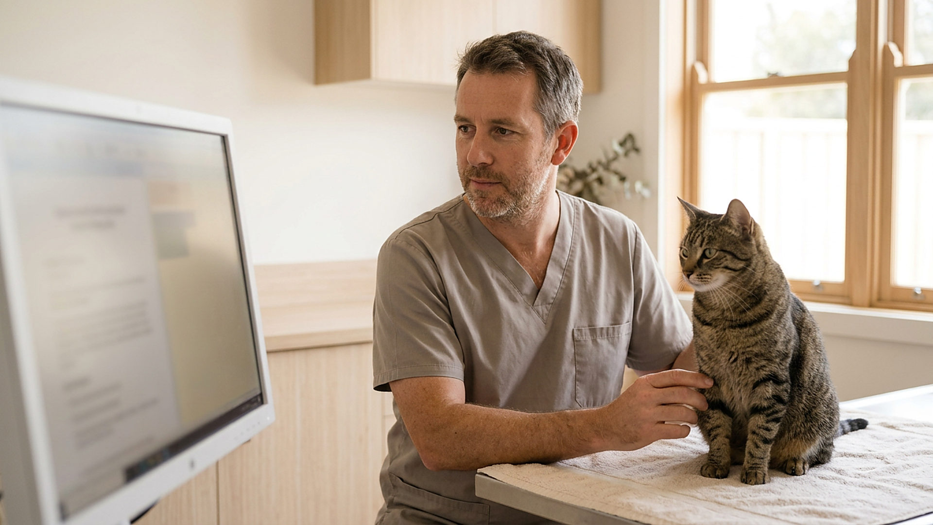 A veterinarian reviewing a transferred patient history during a consultation