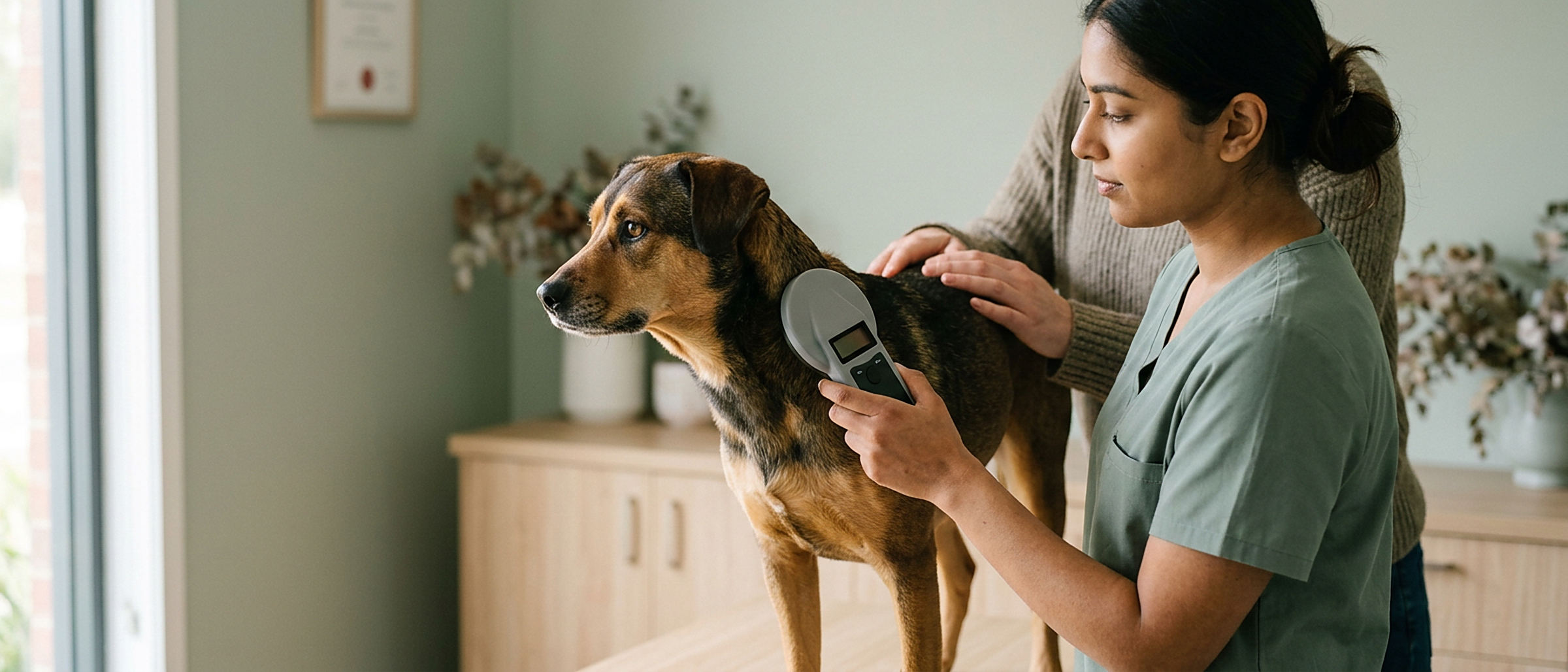 A veterinary nurse scanning a dog for a microchip