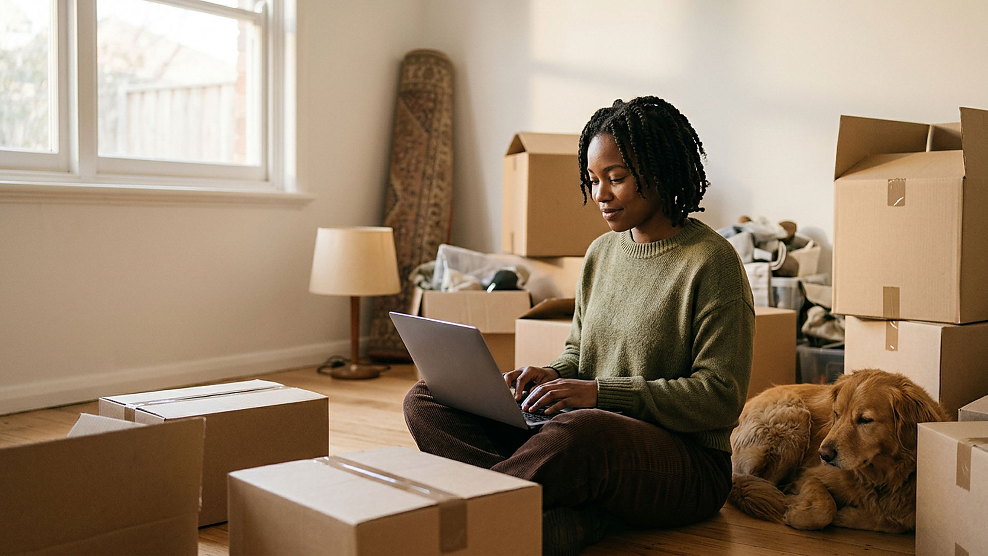 A pet owner updating their details after moving house, with their dog nearby