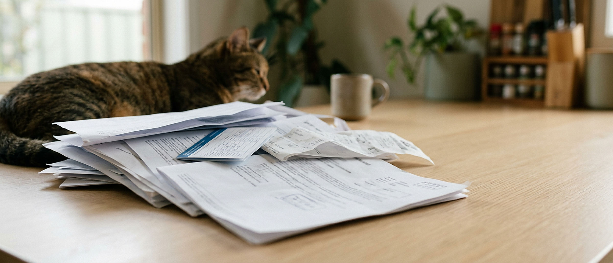Pet vaccination certificates and vet receipts spread out on a kitchen table, with a cat asleep behind them