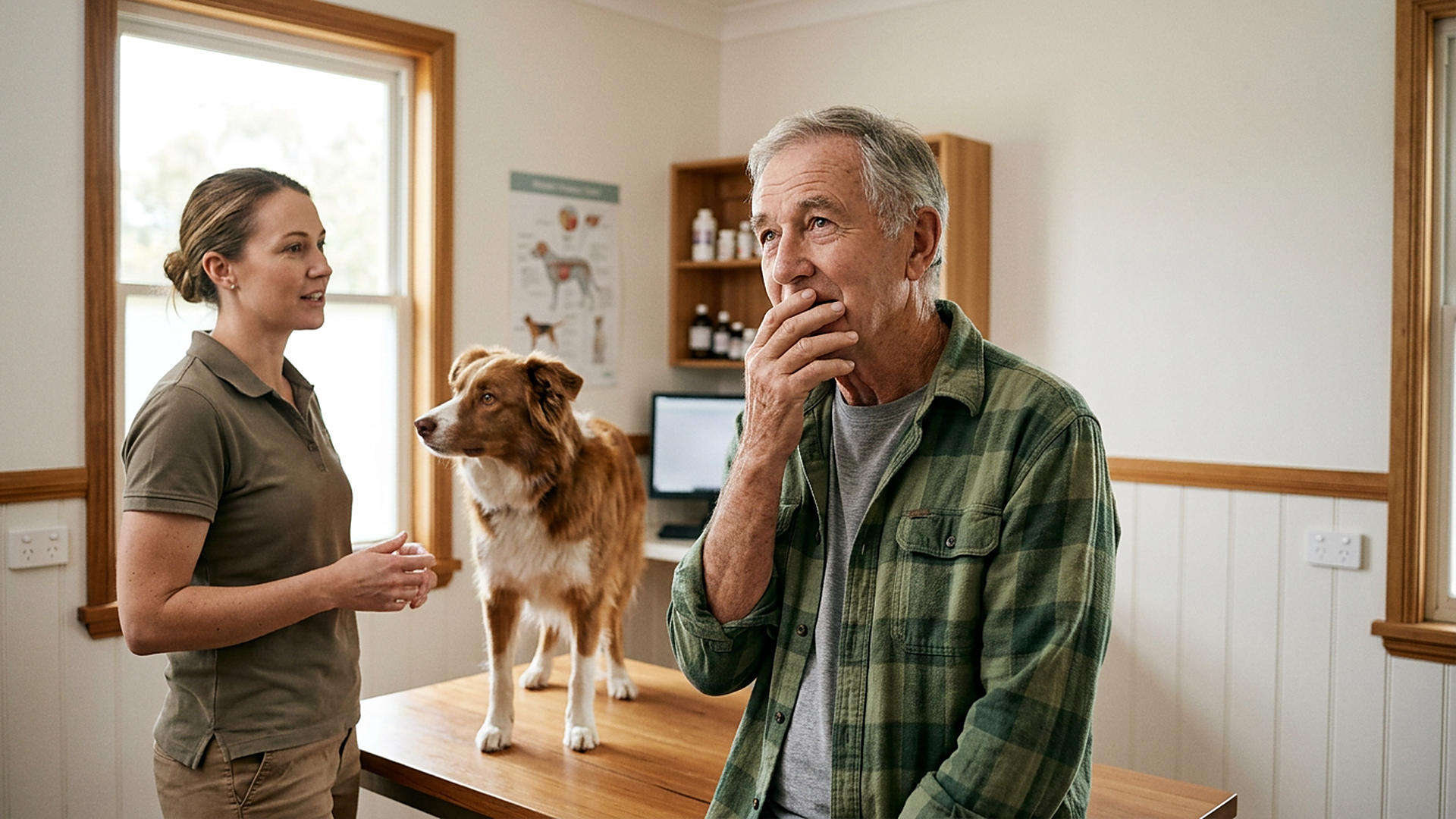 A veterinarian asking a pet owner a question during a consultation