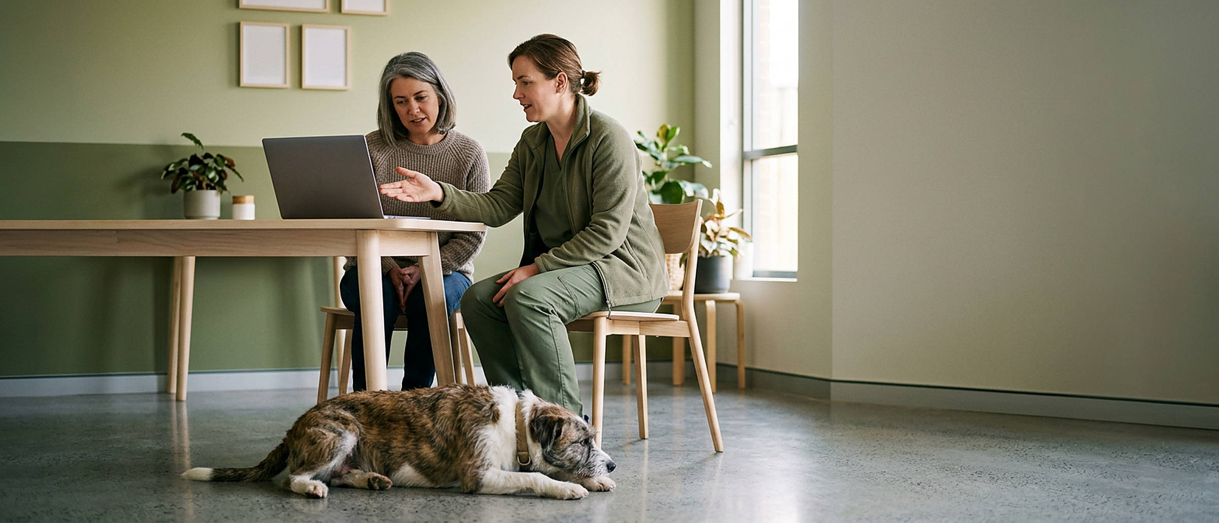 A veterinarian and a dog&rsquo;s owner reviewing notes together during a consultation